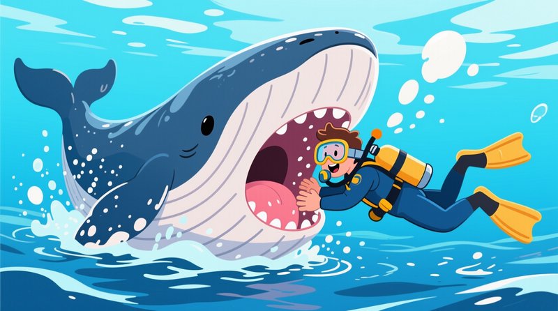 Smiling cartoon scuba diver playfully touches the open mouth of a large spotted whale underwater
