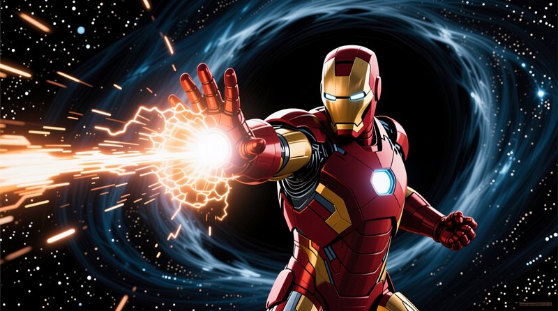 Iron Man firing a glowing repulsor blast from his palm in front of a swirling cosmic space vortex