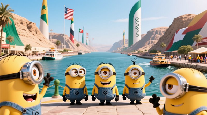 Cheerful yellow Minions wave from a waterfront promenade beside a wide desert canal lined with in...