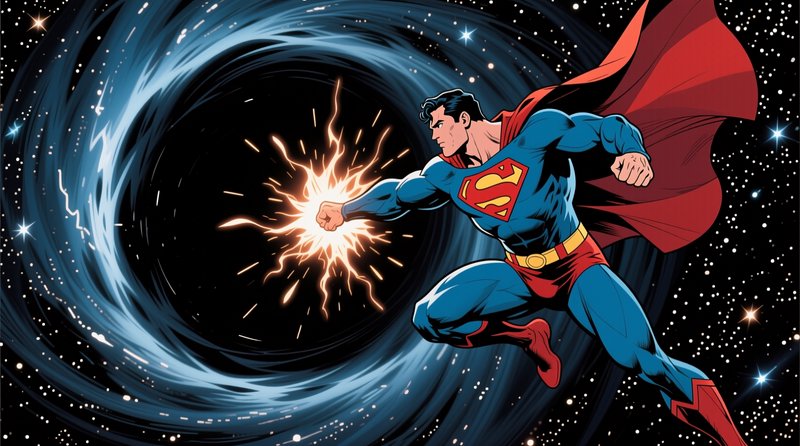 Superman punching a glowing energy burst while flying through a swirling starry cosmic vortex