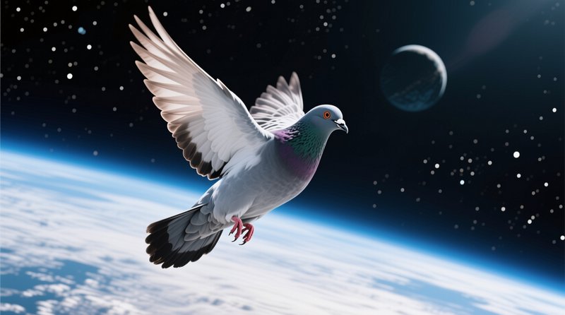 Rock pigeon mid-flight floating above planet Earth's atmosphere in starry outer space