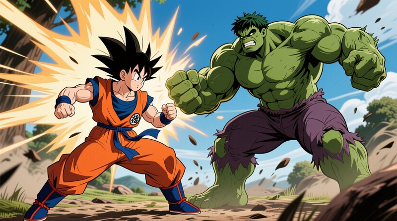 Son Goku and the Incredible Hulk face off in an explosive battle stance outdoors