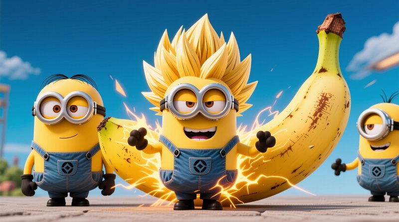 Super Saiyan power-up Minion stands flanked by other Minions beside a giant charged banana