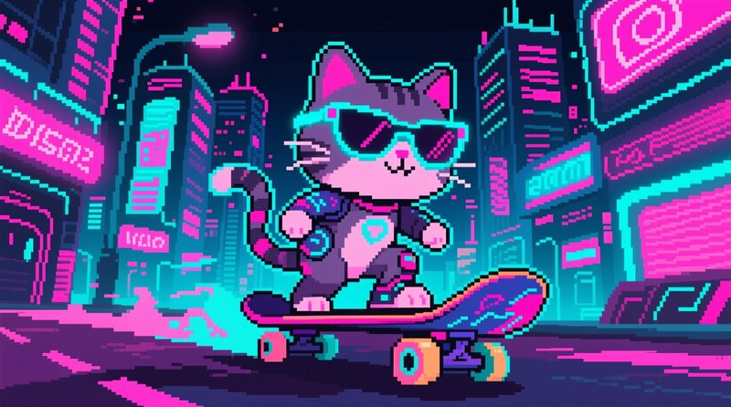 Pixel art tabby cat in neon sunglasses skateboarding through a glowing cyberpunk city at night