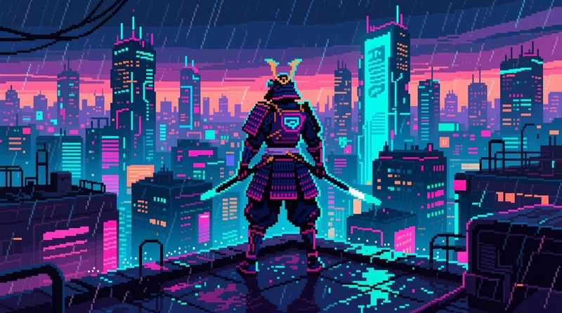 Pixel art cyberpunk samurai stands on a rain-slicked rooftop overlooking a glowing neon city skyline