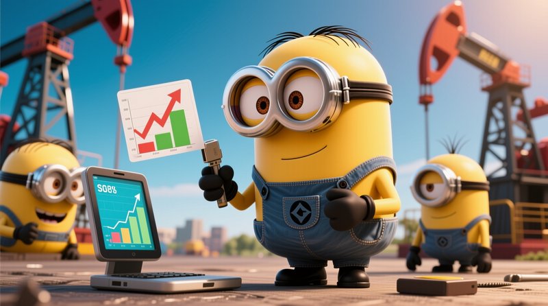 A central Minion presents rising performance growth charts next to other Minions at an oil pumpja...