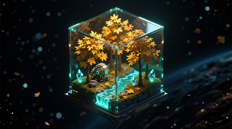 Floating glass cube terrarium holding a tiny robot, golden autumn trees, glowing cyan stream, and...