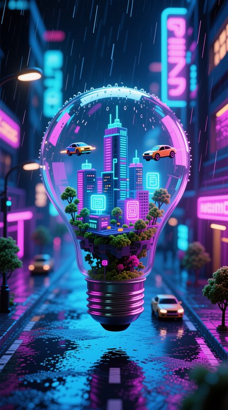 Miniature neon cyberpunk city with hover cars encased inside a floating lightbulb above a rainy s...