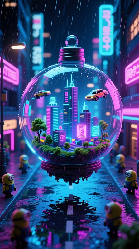 Glass bauble holding a neon cyberpunk miniature city floats above a rainy street surrounded by Mi...