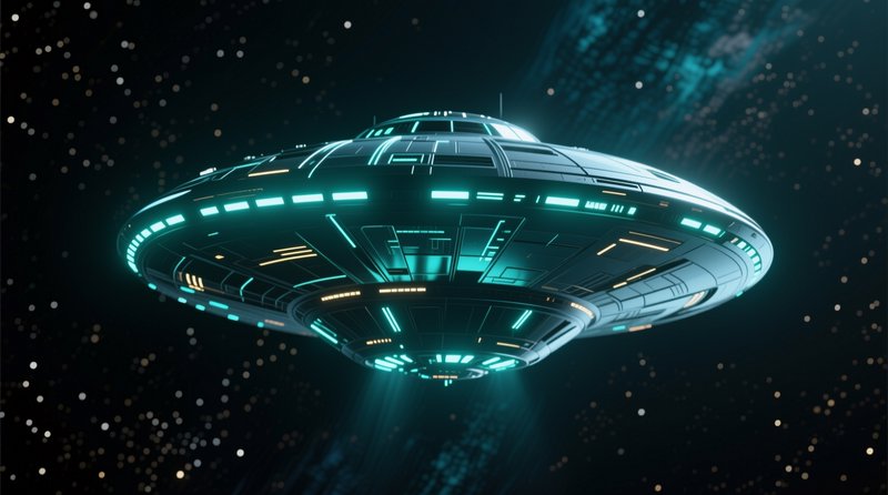 Sleek neon-lit flying saucer UFO floats through dark starry deep space