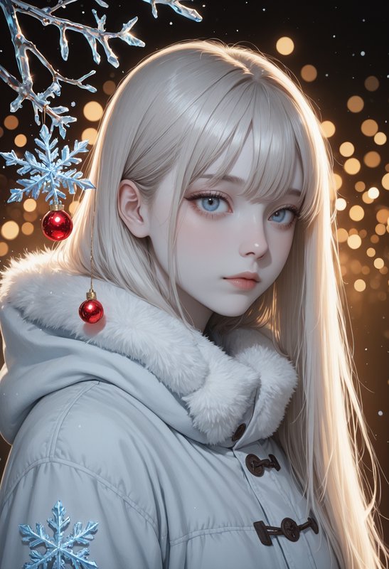Anime-style girl with long blonde hair in a white winter coat with fur trim, snowflakes, and warm...