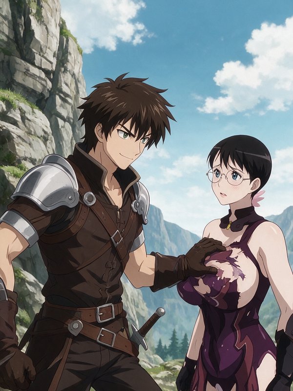 Fantasy anime warrior stands beside a flustered bespectacled female companion on a sunny mountain...
