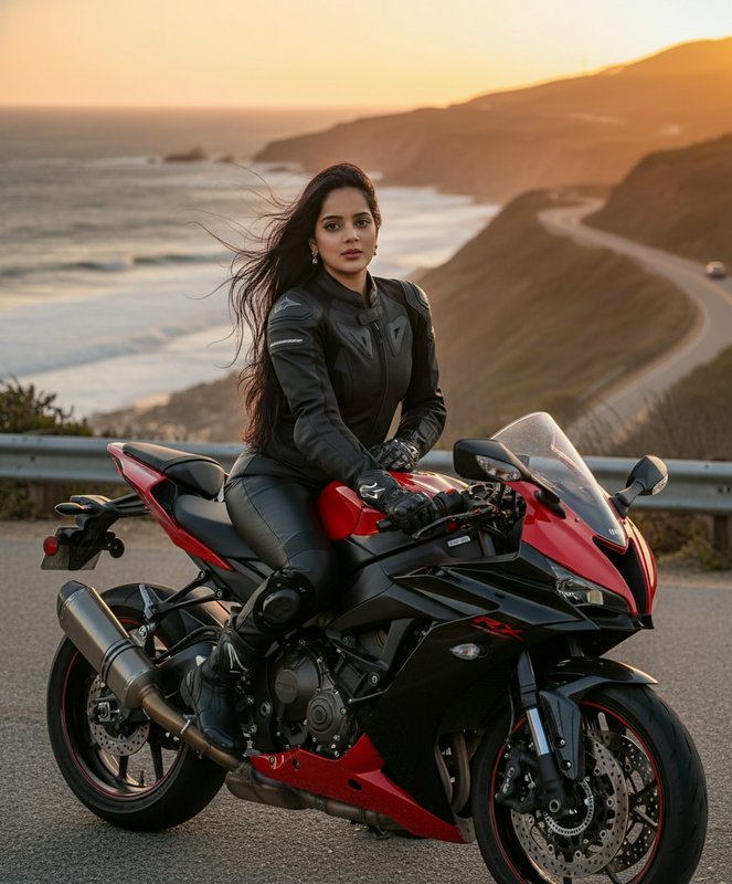 Woman rider on a red-black sport motorcycle along a coastal road at sunset.