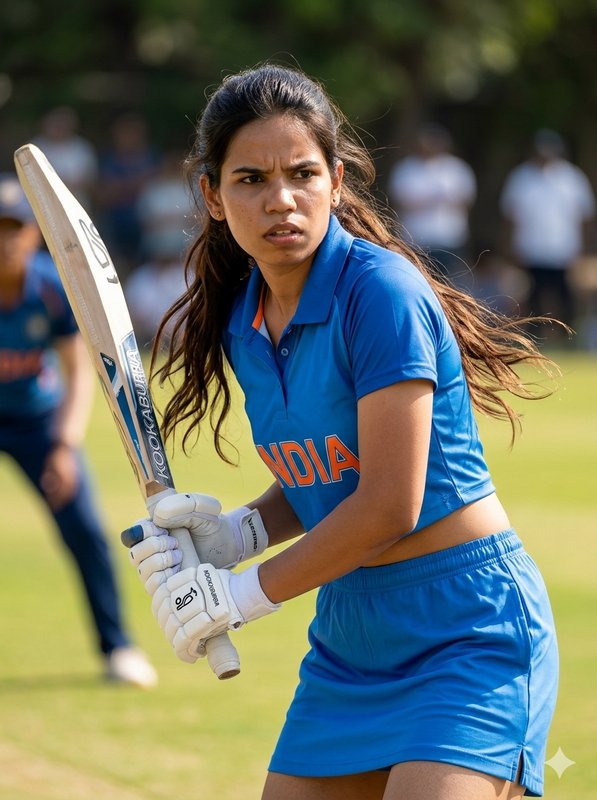 Indian female cricketer in blue uniform holding a bat on a sunny grass field.