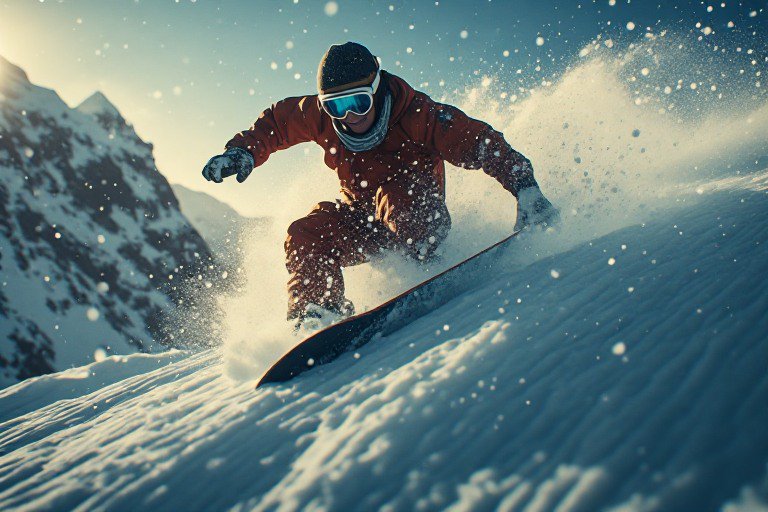 Snowboarder carving through powder on a steep alpine slope with mountains in the background.