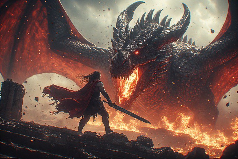 A armored warrior with a long sword confronts a colossal flaming red dragon on a molten volcanic ...
