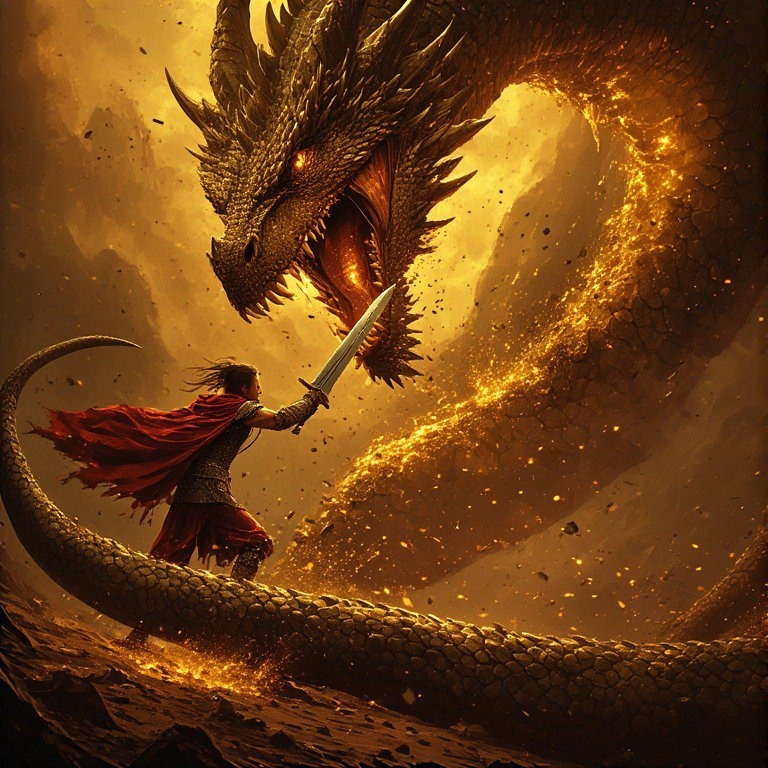 Knight in red cape duels a fiery dragon with sword amid lava and molten rocks.
