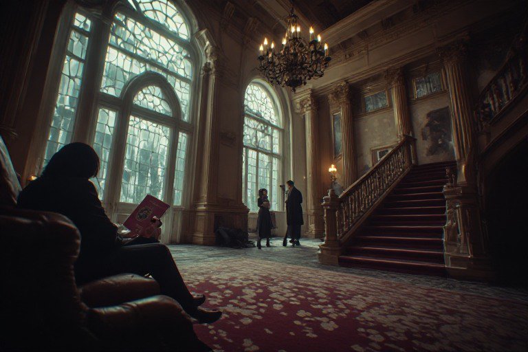 Elegant grand hall with arched windows, chandelier, and grand staircase; people in formal attire.