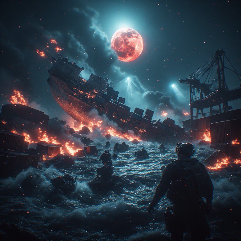Night battle at sea with burning wreckage, red moon, and soldiers wading through fiery waters.