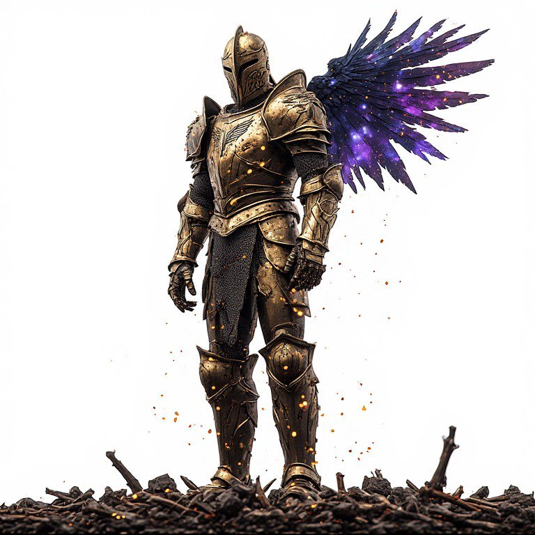Battle-worn golden fantasy knight with one cosmic galaxy wing, standing on charred rubble, floati...