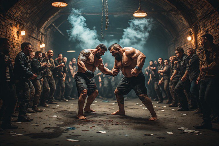 Two muscular shirtless men arm wrestle in a gritty underground brick tunnel, as crowds of onlooke...