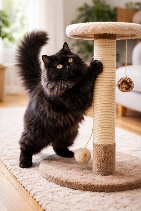 Black fluffy cat playing with a beige cat tree scratching post indoors