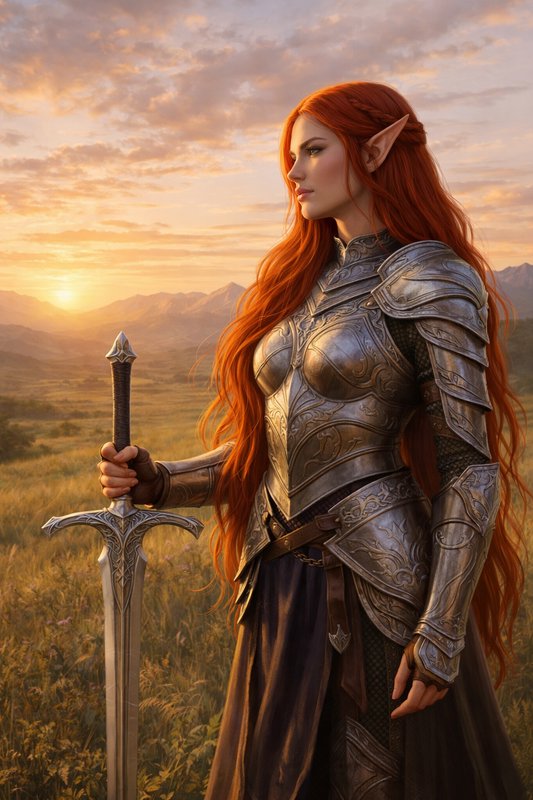 Elf warrior with ornate silver armor and long red hair holding a sword at sunset in an open field