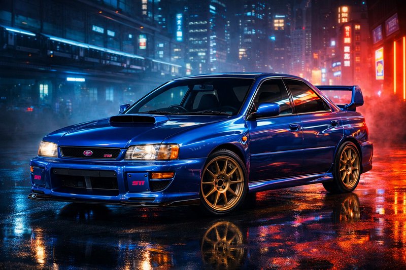 Blue Subaru WRX STI coupe with gold wheels on a neon-lit city street at night.