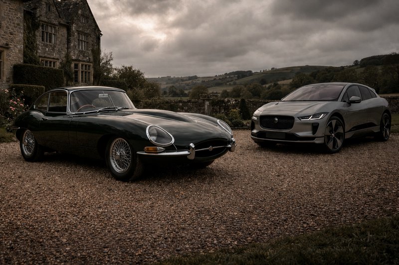 Two Jaguars parked on a gravel driveway beside a stone house in moody countryside; a dark green c...