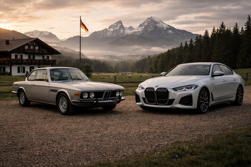 Two BMW cars—vintage sedan on the left and modern coupe on the right—parked on gravel with alpine...