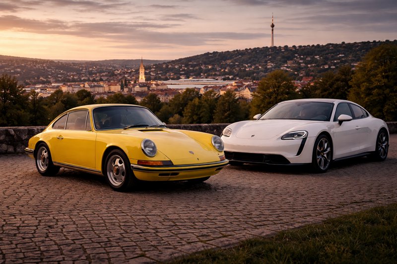 Yellow vintage Porsche 911 and white modern Porsche Taycan parked on cobblestones at sunset overl...