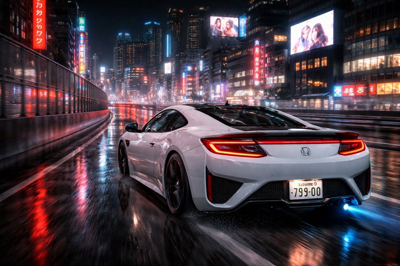 White Honda NSX sports car on a rainy neon-lit city street at night.