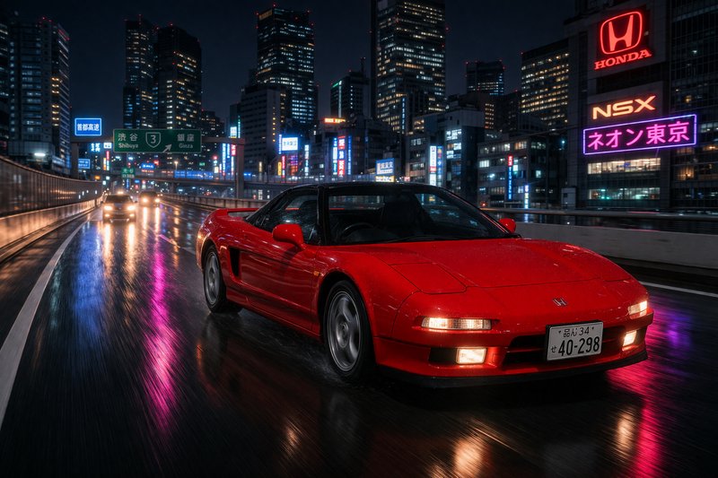 Red Honda NSX sports car driving on neon-lit Tokyo night highway