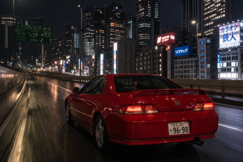 Red Honda Prelude on a wet city highway at night with neon-lit skyscrapers.