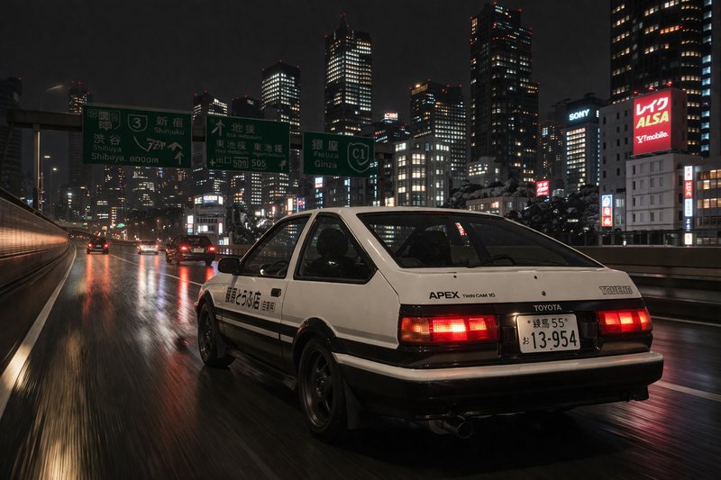 White vintage Toyota sedan on a rain-soaked highway at night with a neon Tokyo skyline.