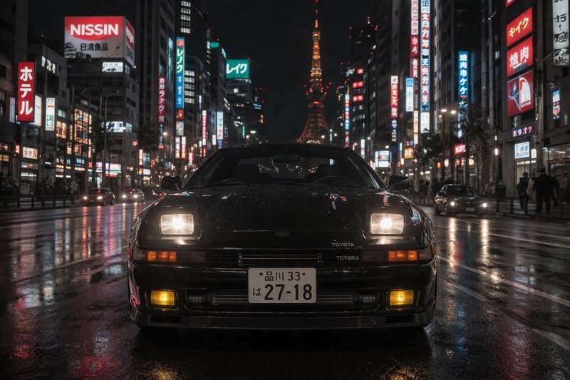 Front view of a black sports car on a rainy Tokyo street at night with neon signs.