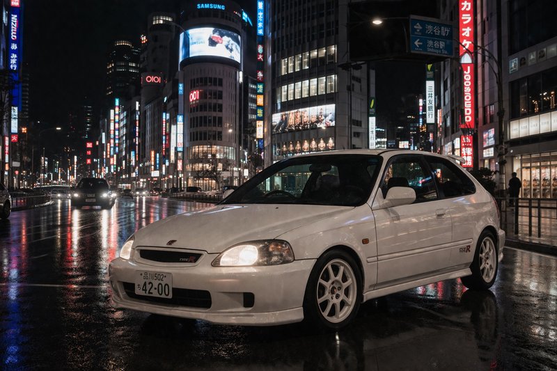 White compact sports car on a neon-lit, rain-soaked Tokyo street at night.