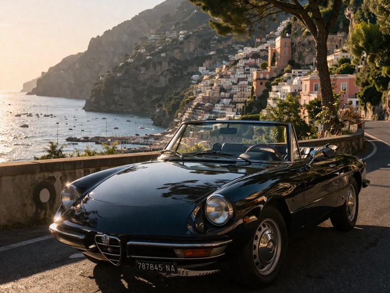 Black vintage convertible along the Amalfi Coast road with cliffside houses.