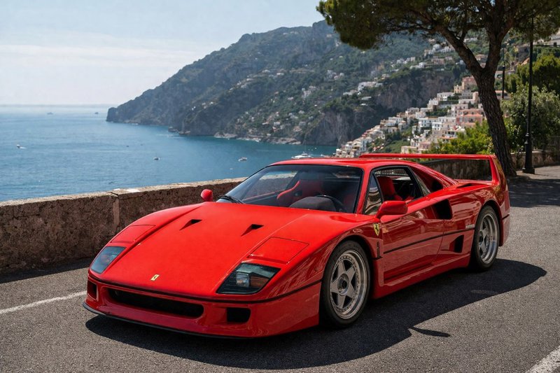 Red Ferrari F40 parked on a coastal road with a Mediterranean sea and hillside village in the bac...