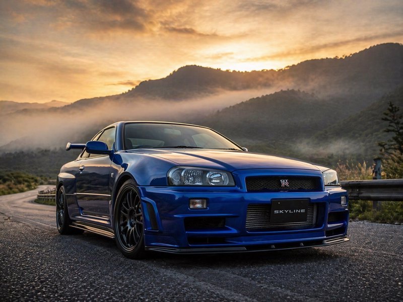 Blue Nissan Skyline GT-R (R34) sports car on a winding mountain road at sunset.
