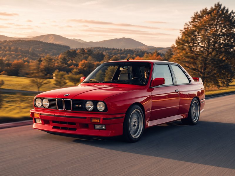 Red BMW E30 M3 driving on a countryside road at sunset