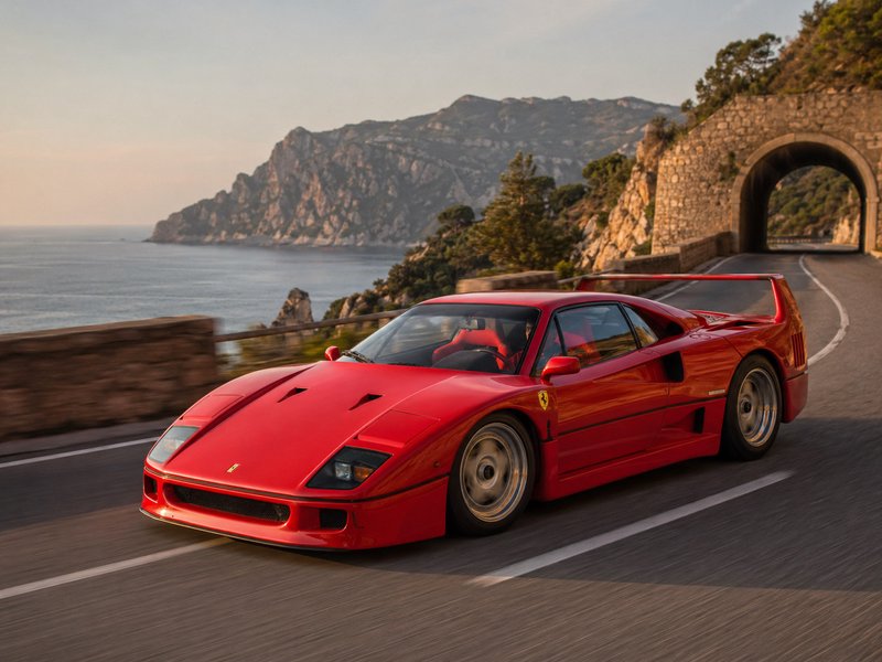 Red Ferrari F40 racing along a coastal cliff road with a stone tunnel in the background.
