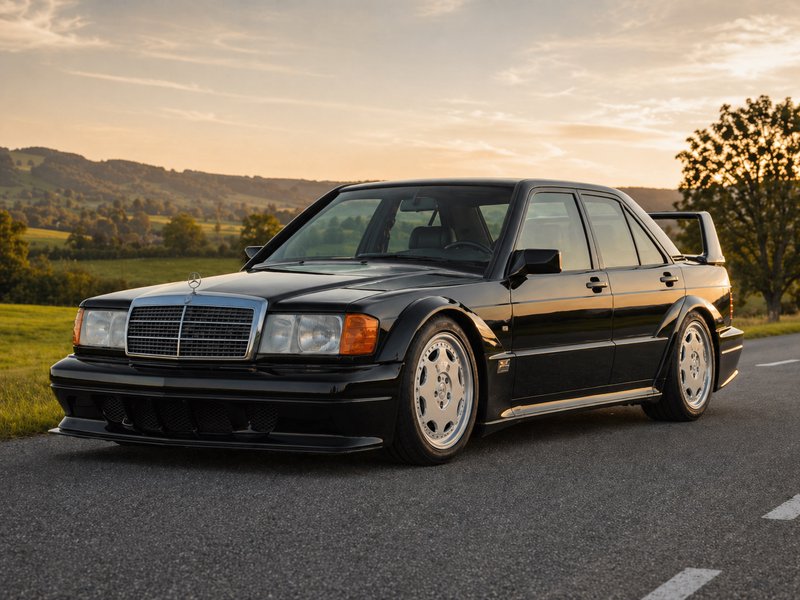 Black Mercedes-Benz sedan with widebody kit and rear spoiler on the road at sunset.