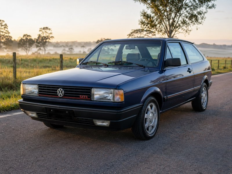 Blue Volkswagen Golf Mk2 GTI hatchback on a country road at sunset