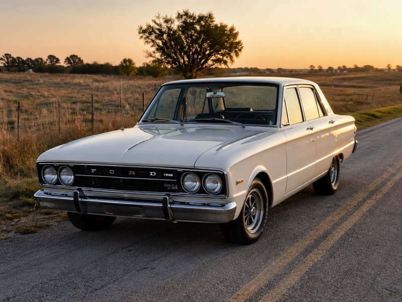 White vintage Ford sedan parked on a rural road at sunset with open fields in the background.