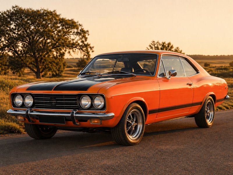 Vintage orange muscle car with black racing stripes parked on a road at sunset.