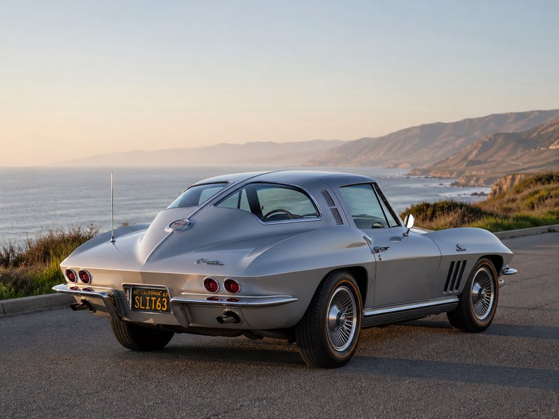 Silver 1963 Corvette Stingray coupe parked on a coastal road at sunset with ocean and mountains i...