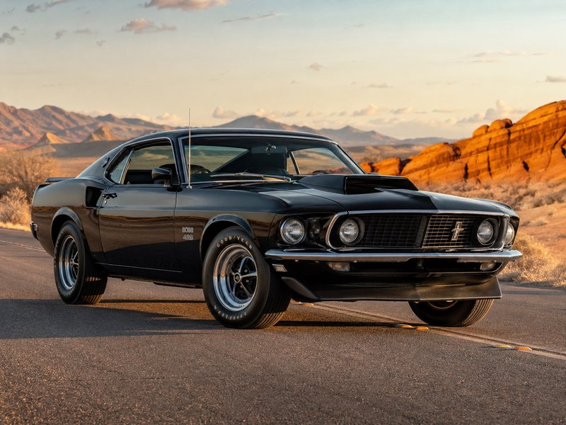 Classic black Ford Mustang muscle car with a shaker hood on an empty desert highway at sunset.