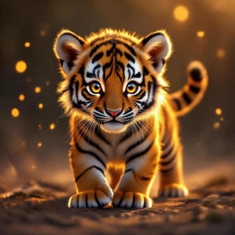 Adorable tiger cub walking toward camera with glowing bokeh lights in the background