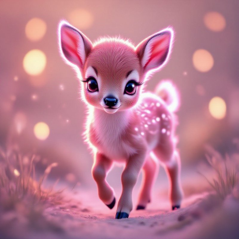 Cute pink-glowing fawn in a dreamy, magical forest with soft bokeh lights.